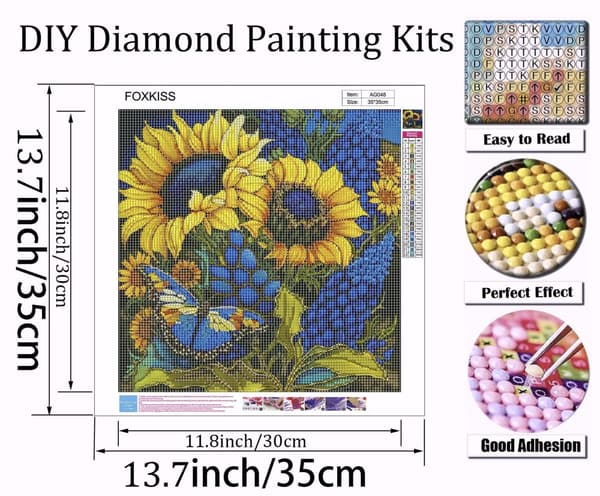 Bomclap timanttimaalaus – värikäs kokoelma auringonkukkia ja sinisiä kukkia perhosella DIY 5D timanttimaalaus aikuisille ja aloittelijoille, 30x30cm