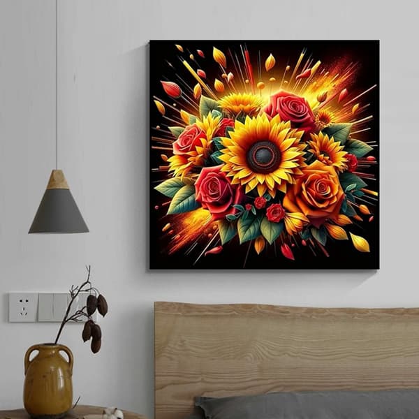Bomclap diamantmaleri – farverig solsikke- og rosenblomstkrans i eksplosiv stil DIY 5D diamantmaleri til voksne og begyndere, 30x30cm