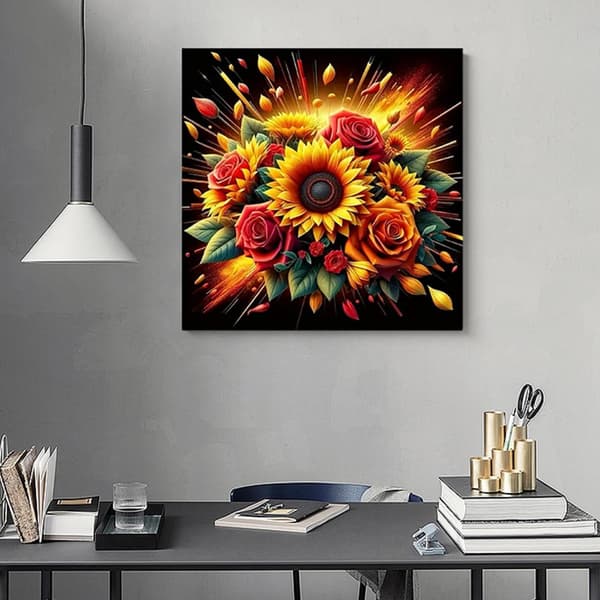 Bomclap diamantmaleri – farverig solsikke- og rosenblomstkrans i eksplosiv stil DIY 5D diamantmaleri til voksne og begyndere, 30x30cm