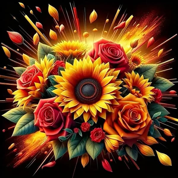 Bomclap diamantmaleri – farverig solsikke- og rosenblomstkrans i eksplosiv stil DIY 5D diamantmaleri til voksne og begyndere, 30x30cm