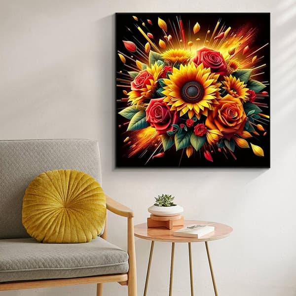 Bomclap diamantmaleri – farverig solsikke- og rosenblomstkrans i eksplosiv stil DIY 5D diamantmaleri til voksne og begyndere, 30x30cm