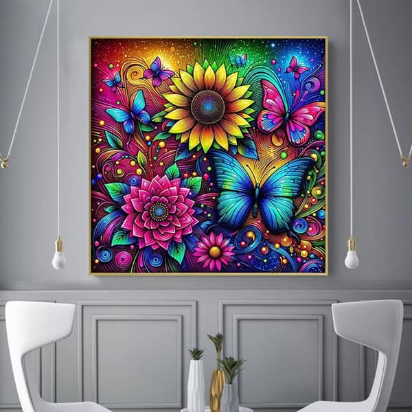Bomclap timanttimaalaus – värikkäitä auringonkukkia ja perhosia psykedeeliseen tyyliin DIY 5D-timanttimaalaus aikuisille ja aloittelijoille, 30x30cm