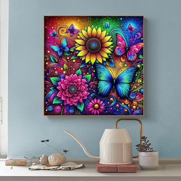 Bomclap timanttimaalaus – värikkäitä auringonkukkia ja perhosia psykedeeliseen tyyliin DIY 5D-timanttimaalaus aikuisille ja aloittelijoille, 30x30cm