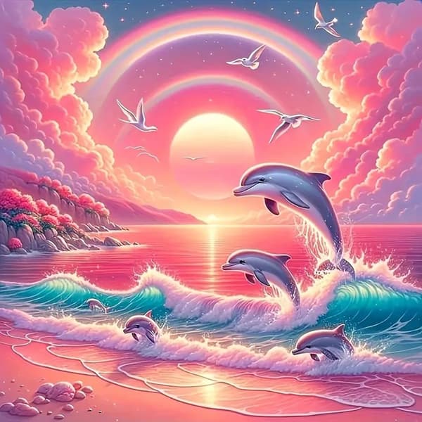 Bomclap Diamantmaleri – Delfin i solnedgang og regnbue humør DIY 5D diamantmaleri for voksne og begyndere, 30x30cm