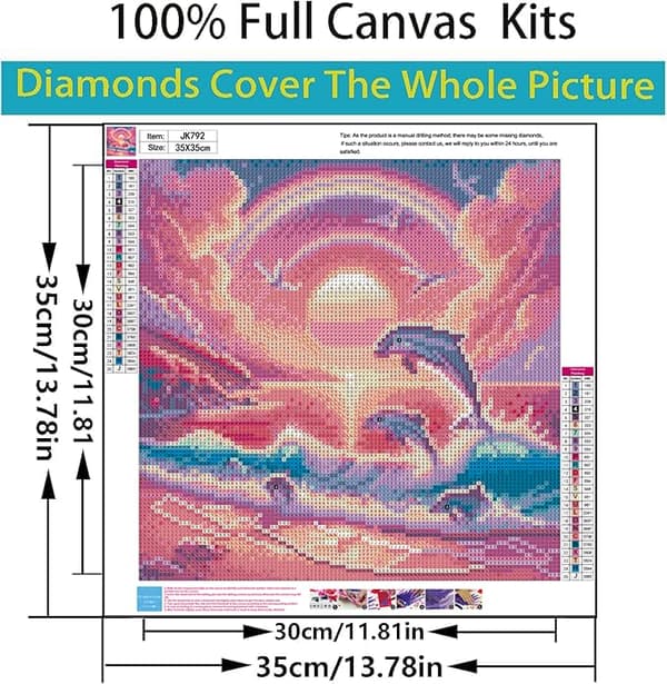 Bomclap Diamantmaleri – Delfin i solnedgang og regnbue humør DIY 5D diamantmaleri for voksne og begyndere, 30x30cm