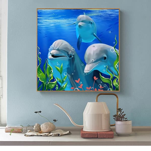 Bomclap timanttimaalaus – vedenalainen delfiinitrio sinisessä valtameressä DIY 5D-timanttimaalaus aikuisille ja aloittelijoille, 30x30cm