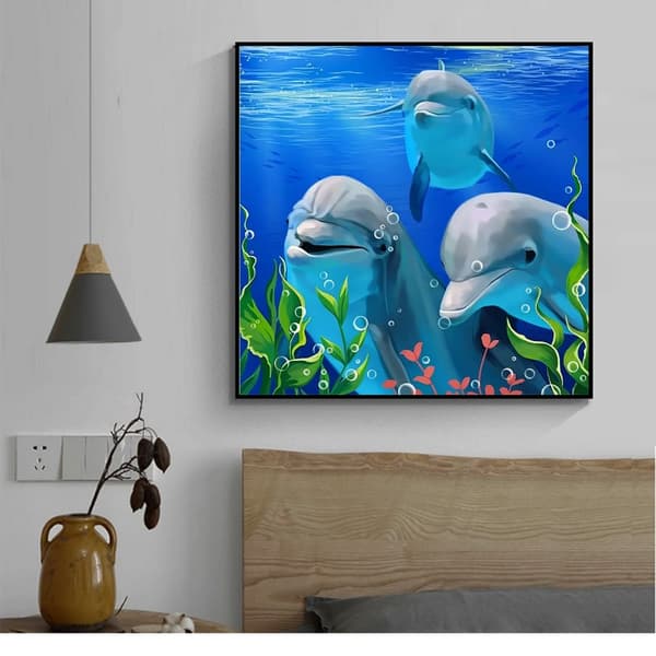 Bomclap timanttimaalaus – vedenalainen delfiinitrio sinisessä valtameressä DIY 5D-timanttimaalaus aikuisille ja aloittelijoille, 30x30cm