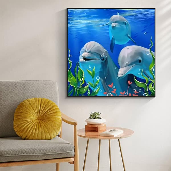 Bomclap timanttimaalaus – vedenalainen delfiinitrio sinisessä valtameressä DIY 5D-timanttimaalaus aikuisille ja aloittelijoille, 30x30cm