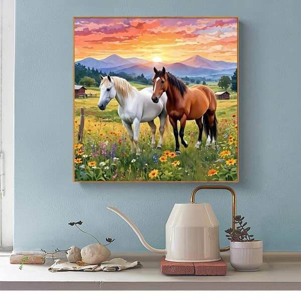 Bomclap Diamond Painting – Kaunis hevospariskunta auringonlaskun tuulella DIY 5D timanttimaalaus aikuisille ja aloittelijoille, 30x30cm