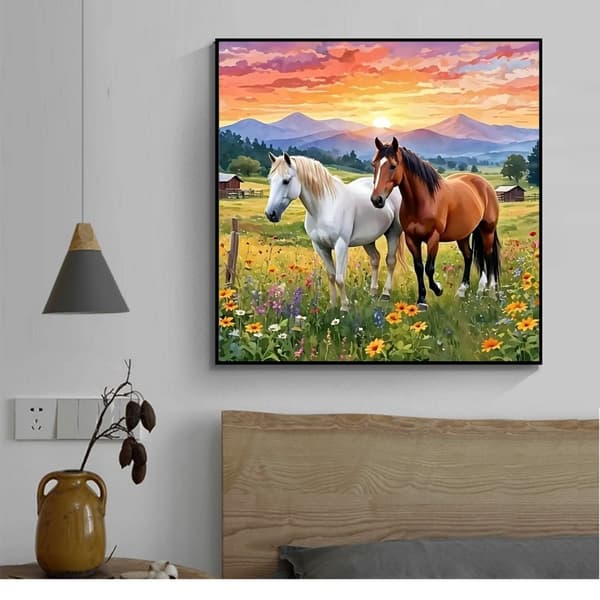 Bomclap Diamond Painting – Kaunis hevospariskunta auringonlaskun tuulella DIY 5D timanttimaalaus aikuisille ja aloittelijoille, 30x30cm