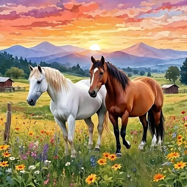 Bomclap Diamond Painting – Kaunis hevospariskunta auringonlaskun tuulella DIY 5D timanttimaalaus aikuisille ja aloittelijoille, 30x30cm