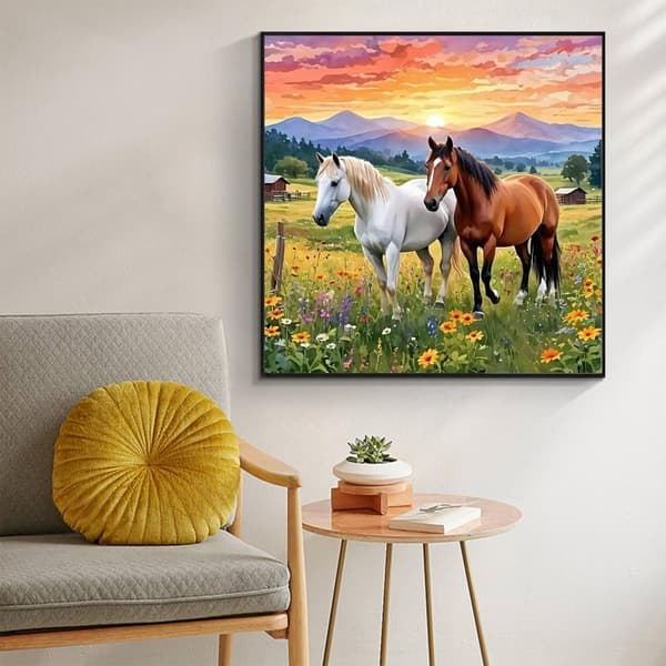 Bomclap Diamond Painting – Kaunis hevospariskunta auringonlaskun tuulella DIY 5D timanttimaalaus aikuisille ja aloittelijoille, 30x30cm