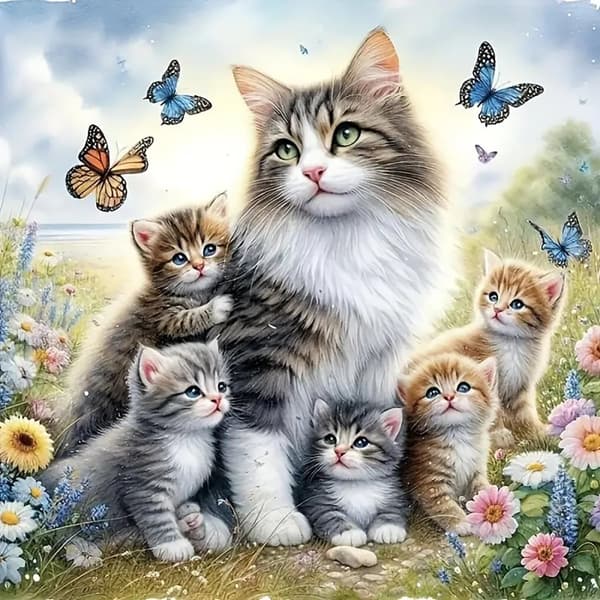 Bomclap Diamond Painting – Sød kattefamilie med sommerfugle i blomstermiljø DIY 5D diamantmaleri for voksne og begyndere, 30x30cm
