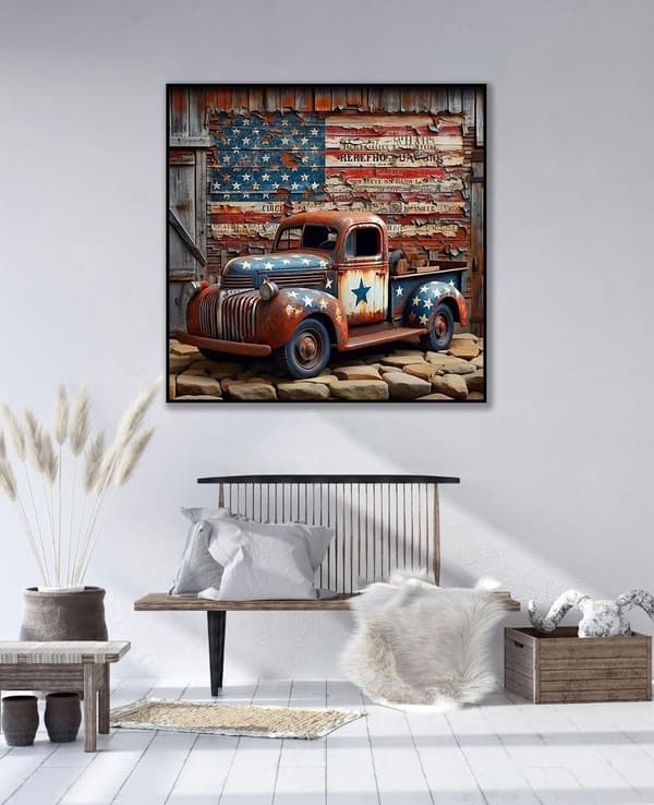 Bomclap 5D Truck Diamond Art Full Drill Pyöreät Helmet DIY-setti - Amerikan lipun seinäkoriste 35x35 cm