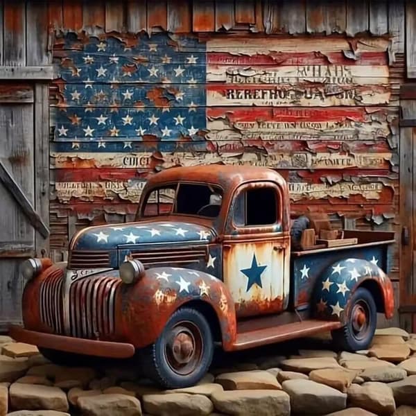 Bomclap 5D Truck Diamond Art Full Drill Pyöreät Helmet DIY-setti - Amerikan lipun seinäkoriste 35x35 cm