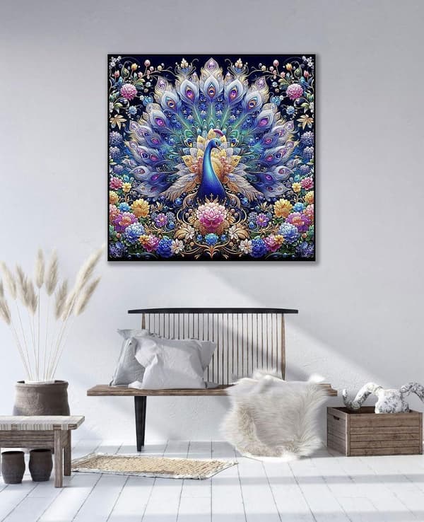 Bomclap Påfugl Diamant Art Blomstermønster - Fuld Drill Runde Perler 35x35 cm