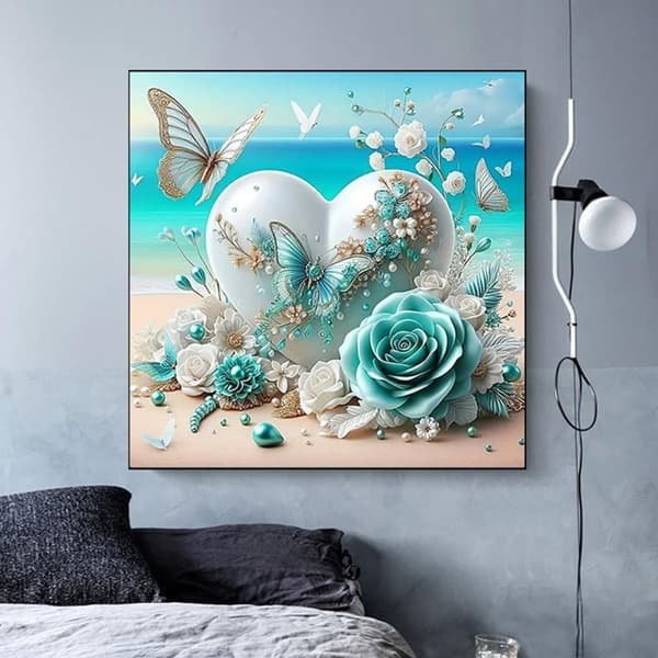 Bomclap kukkasydämet perhosilla - 5D timanttimaalaus täysi pora käsityö 35x35 cm