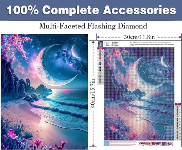 Bomclap 5D Moonlight Diamond Art - Rantateema Full Drill Kukkakuvio 30x40 cm Seinäkoriste