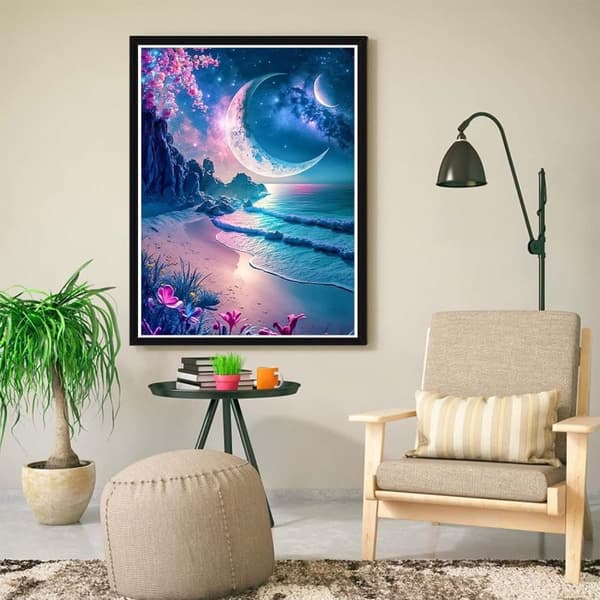 Bomclap 5D Moonlight Diamond Art - Rantateema Full Drill Kukkakuvio 30x40 cm Seinäkoriste