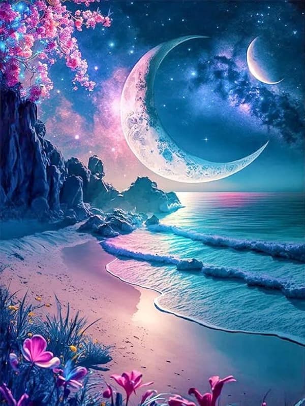 Bomclap 5D Moonlight Diamond Art - Rantateema Full Drill Kukkakuvio 30x40 cm Seinäkoriste