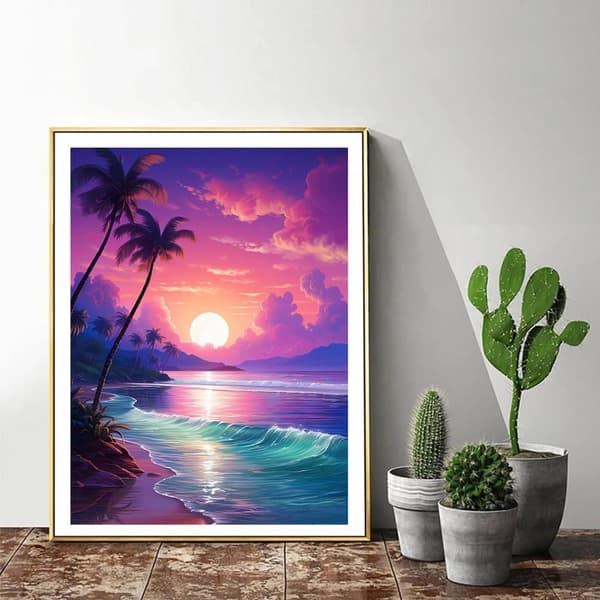 Bomclap Beach Sunset Diamond Puzzle - Kookospalmut & Softball 5D DIY-askartelut 30x40 cm