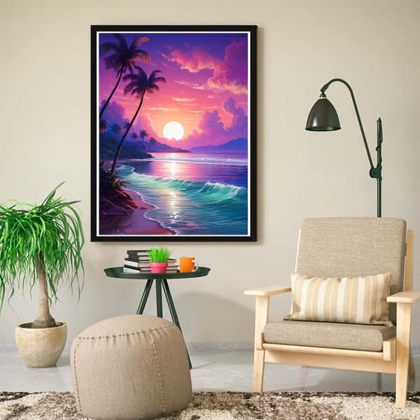 Bomclap Beach Sunset Diamond Puzzle - Kookospalmut & Softball 5D DIY-askartelut 30x40 cm