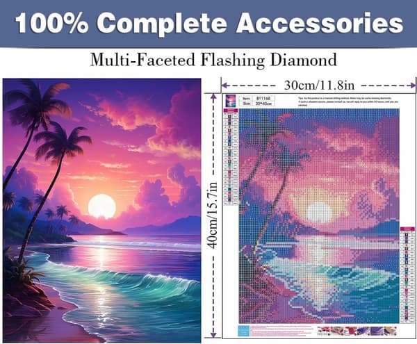 Bomclap Beach Sunset Diamond Puzzle - Kookospalmut & Softball 5D DIY-askartelut 30x40 cm