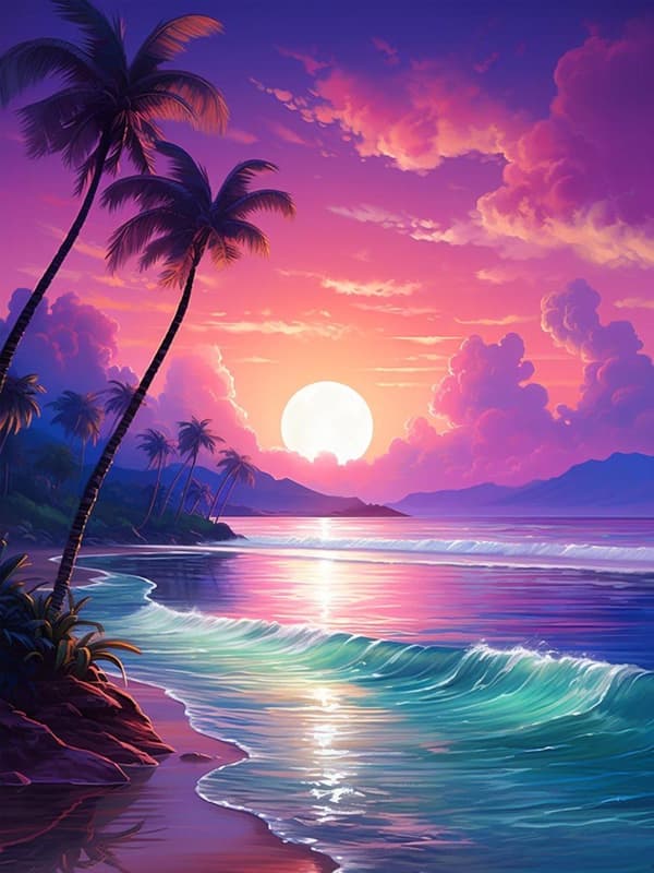 Bomclap Beach Sunset Diamond Puzzle - Kookospalmut & Softball 5D DIY-askartelut 30x40 cm