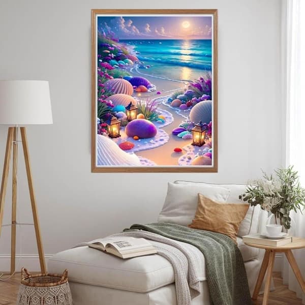 Bomclap Diamond Painting – Maaginen rannikkokävely vaa'oilla ja liekeillä kuun alla DIY 5D timanttimaalaus aikuisille ja aloittelijoille, 30x40cm