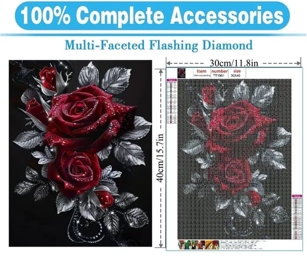 Bomclap Diamond Painting - Funklende røde roser med sølvblade på sort baggrund DIY 5D diamantmaleri for voksne og begyndere, 30x30cm