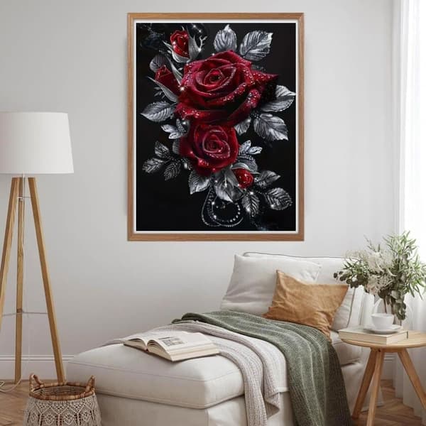 Bomclap Diamond Painting - Funklende røde roser med sølvblade på sort baggrund DIY 5D diamantmaleri for voksne og begyndere, 30x30cm