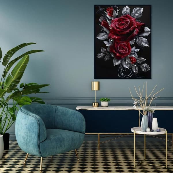 Bomclap Diamond Painting - Funklende røde roser med sølvblade på sort baggrund DIY 5D diamantmaleri for voksne og begyndere, 30x30cm