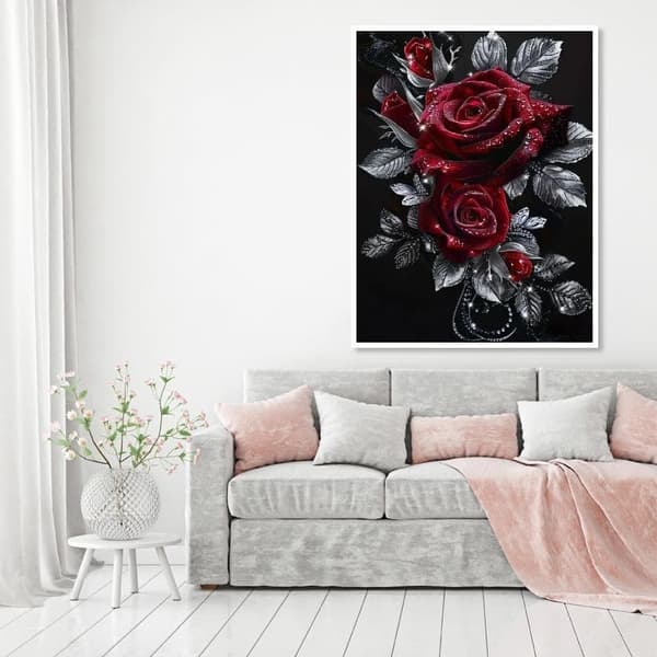 Bomclap Diamond Painting - Funklende røde roser med sølvblade på sort baggrund DIY 5D diamantmaleri for voksne og begyndere, 30x30cm