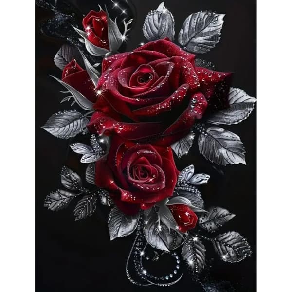 Bomclap Diamond Painting - Funklende røde roser med sølvblade på sort baggrund DIY 5D diamantmaleri for voksne og begyndere, 30x30cm