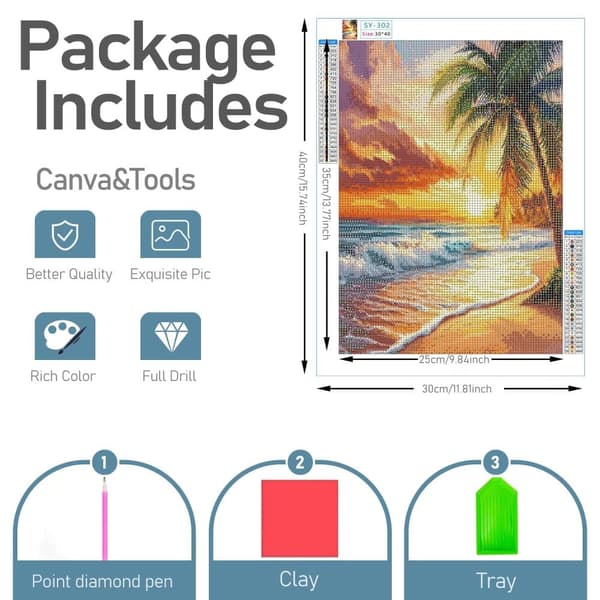 Bomclap Diamond Painting – Tropisk solnedgang på stranden med palmetræ DIY 5D diamantmaleri for voksne og begyndere, 30x40cm