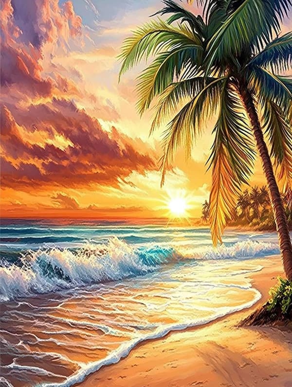 Bomclap Diamond Painting – Tropisk solnedgang på stranden med palmetræ DIY 5D diamantmaleri for voksne og begyndere, 30x40cm