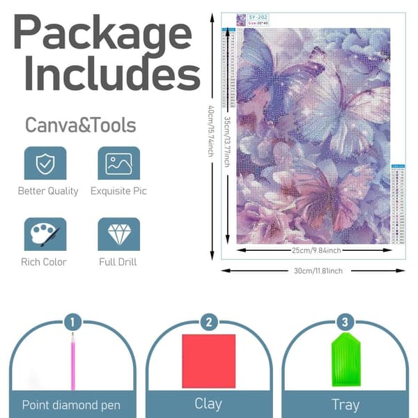 Bomclap Diamond Painting – Magiske lilla sommerfugle blandt blomster DIY 5D diamantmaleri for voksne og begyndere, 30x40cm