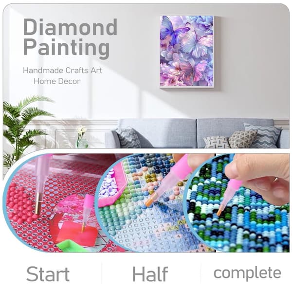 Bomclap Diamond Painting – Magiske lilla sommerfugle blandt blomster DIY 5D diamantmaleri for voksne og begyndere, 30x40cm