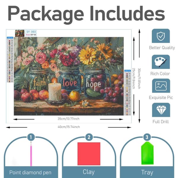 Bomclap Diamond Painting - Maling af blomster og frugter i Mason - Fartøjer med symbolske ord DIY 5D diamantmaleri for voksne og begyndere, 30x40cm