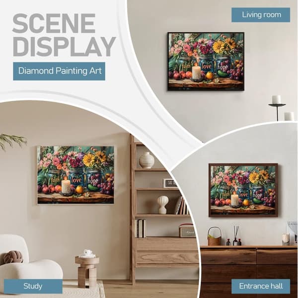 Bomclap Diamond Painting - Maling af blomster og frugter i Mason - Fartøjer med symbolske ord DIY 5D diamantmaleri for voksne og begyndere, 30x40cm