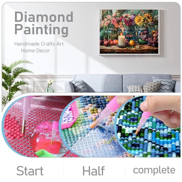 Bomclap Diamond Painting - Maling af blomster og frugter i Mason - Fartøjer med symbolske ord DIY 5D diamantmaleri for voksne og begyndere, 30x40cm