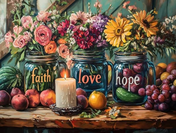 Bomclap Diamond Painting - Maling af blomster og frugter i Mason - Fartøjer med symbolske ord DIY 5D diamantmaleri for voksne og begyndere, 30x40cm