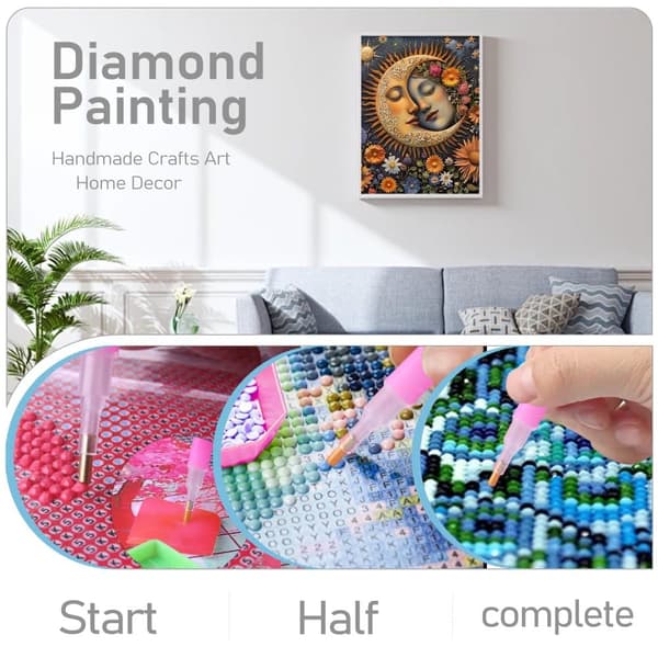 Bomclap Diamond Painting – Myyttiset aurinko- ja kuukasvot kukilla pimeässä universumissa DIY 5D timanttimaalaus aikuisille, 30x40cm