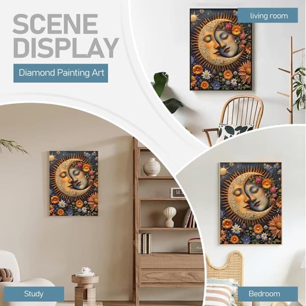 Bomclap Diamond Painting – Myyttiset aurinko- ja kuukasvot kukilla pimeässä universumissa DIY 5D timanttimaalaus aikuisille, 30x40cm