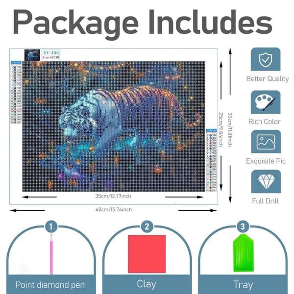 Bomclap Diamond Painting – Magisk hvid tiger i glitrende skovjungle DIY 5D diamantmaleri for voksne og begyndere, 30x40cm