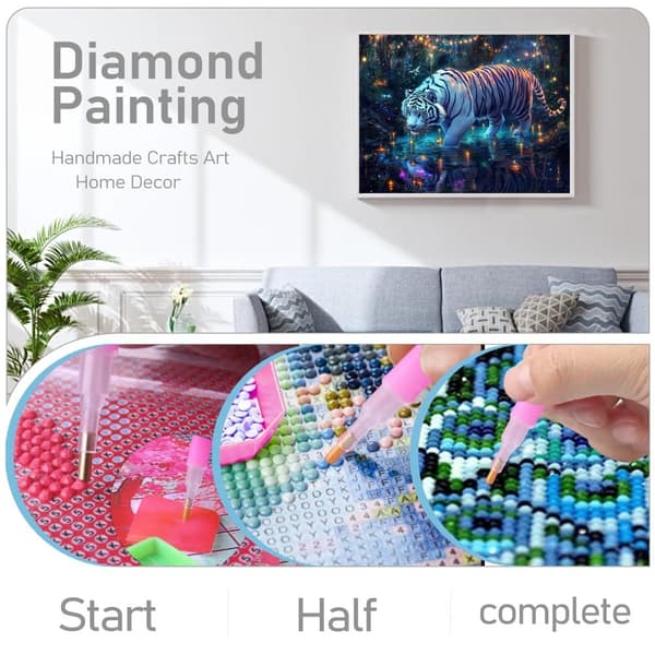 Bomclap Diamond Painting – Magisk hvid tiger i glitrende skovjungle DIY 5D diamantmaleri for voksne og begyndere, 30x40cm