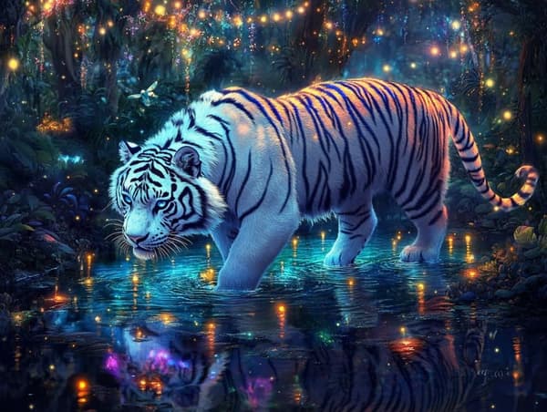 Bomclap Diamond Painting – Magisk hvid tiger i glitrende skovjungle DIY 5D diamantmaleri for voksne og begyndere, 30x40cm