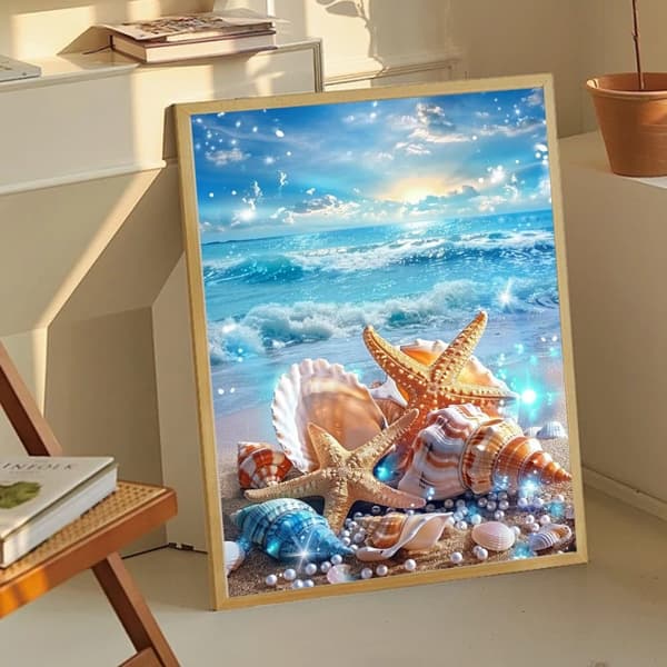 Bomclap diamantmaleri – magisk ørkenstrandmotiv med skæl og stjernekatte DIY 5D diamantmaleri for voksne og begyndere, 30x40cm