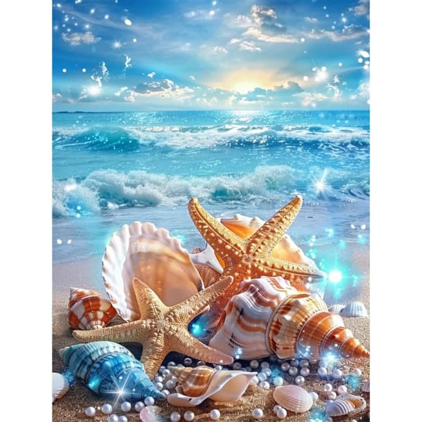 Bomclap diamantmaleri – magisk ørkenstrandmotiv med skæl og stjernekatte DIY 5D diamantmaleri for voksne og begyndere, 30x40cm