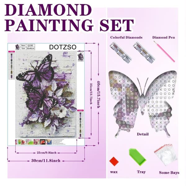 Bomclap Sommerfugl 5D DIY Diamantmålning Kits for Voksne. Rund Full Drill, Sommerfugle og Blomster. Meget egnet til Hjemmeafslapning og Vægdecor, 30x4